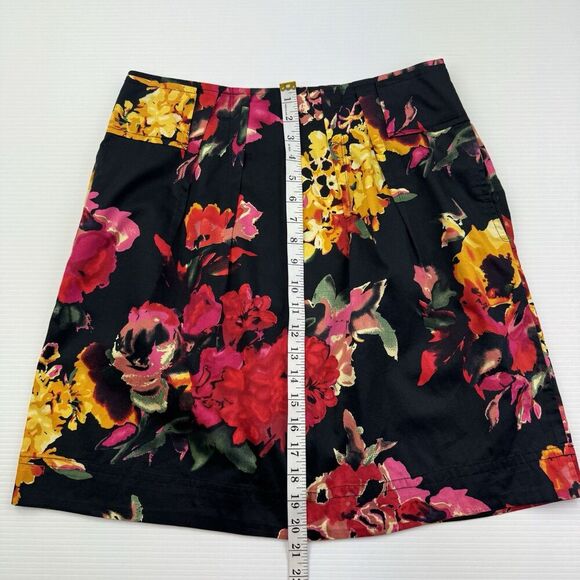 Grace Elements A-Line Skirt 8P Black Floral Cotton Pleated Pockets Zip Back - Picture 6 of 8